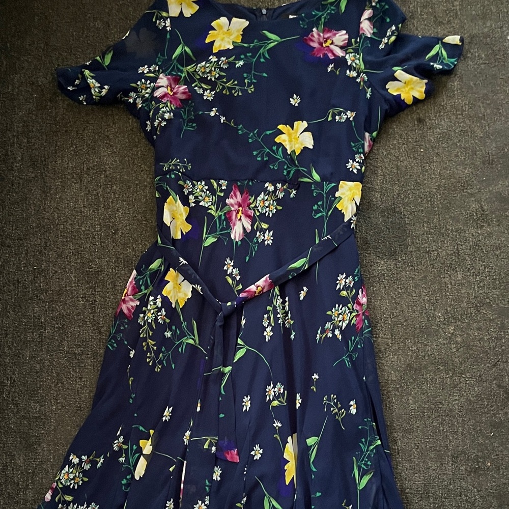 Navy Floral Fit-and-Flare Dress with Tie Waist